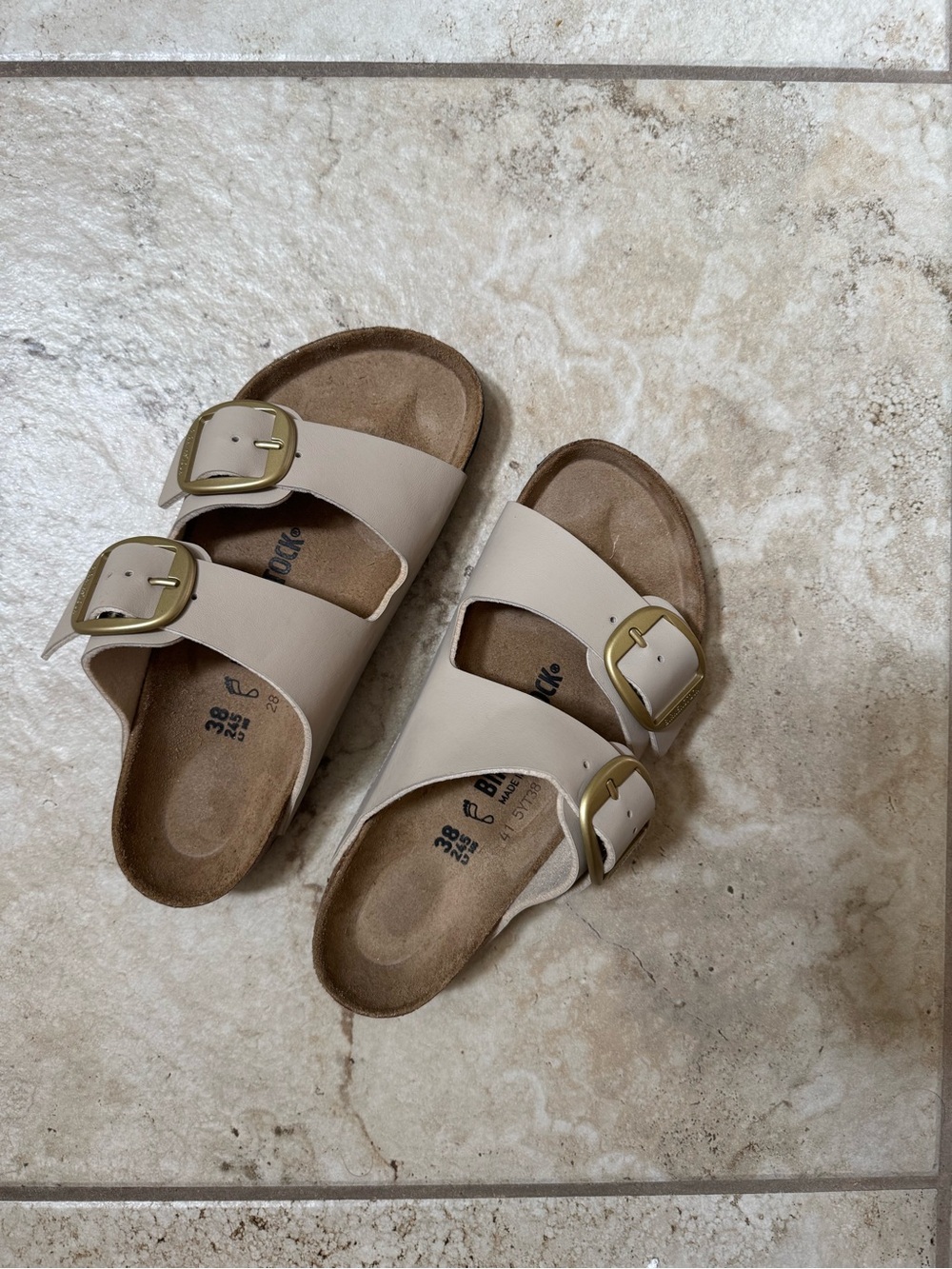 Birkenstock Two-Strap Slide Sandals in Cream with Gold Buckles
